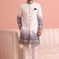 Stylish White and Blue Embroidered Designer Indo Western Suit for Men with Elephant Motif Work