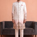 Excellent White Embroidered Designer Indo Western Suit for Men with Elephant Motif Work