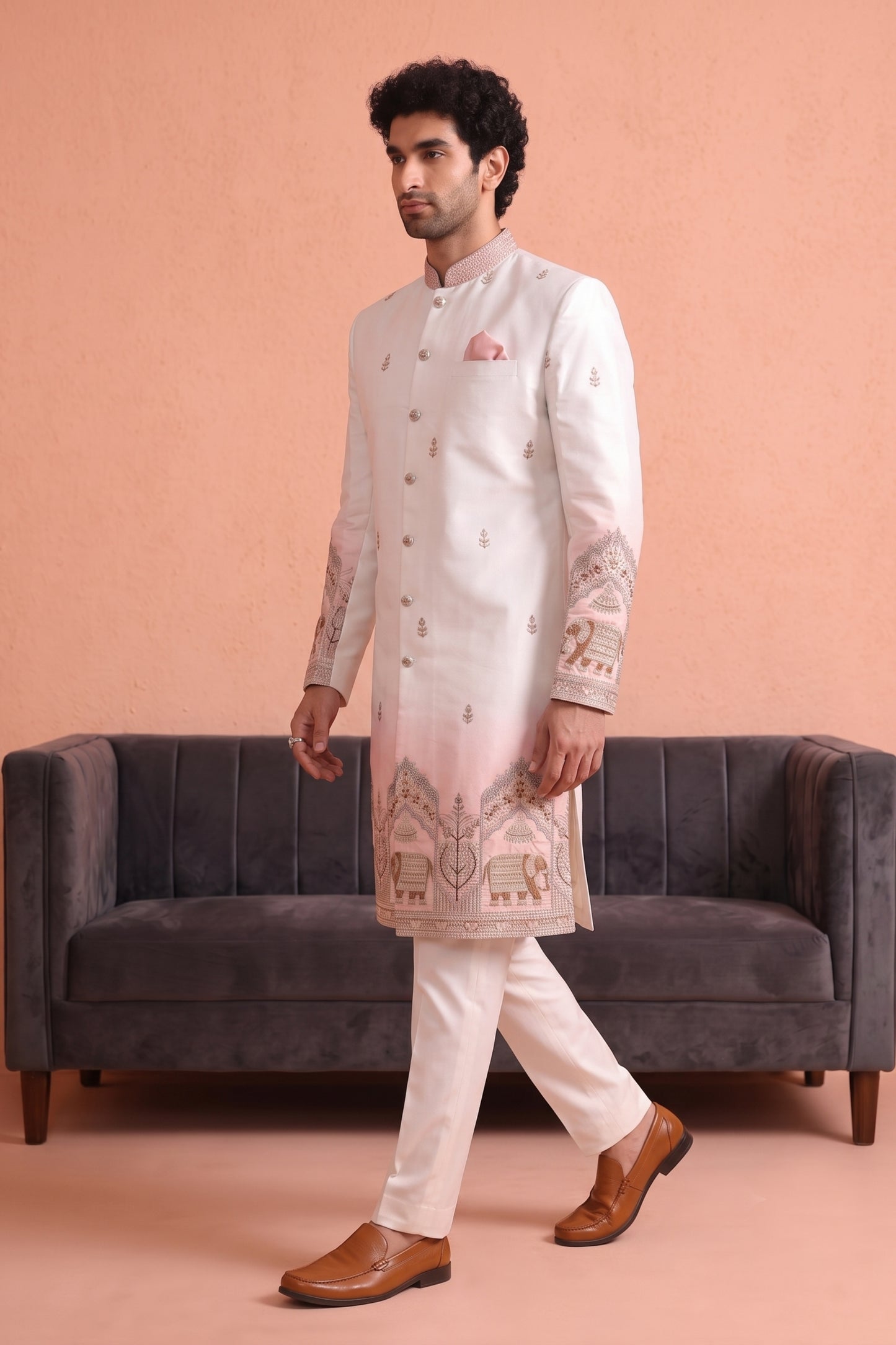 Excellent White Embroidered Designer Indo Western Suit for Men with Elephant Motif Work