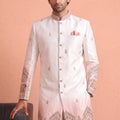Excellent White Embroidered Designer Indo Western Suit for Men with Elephant Motif Work