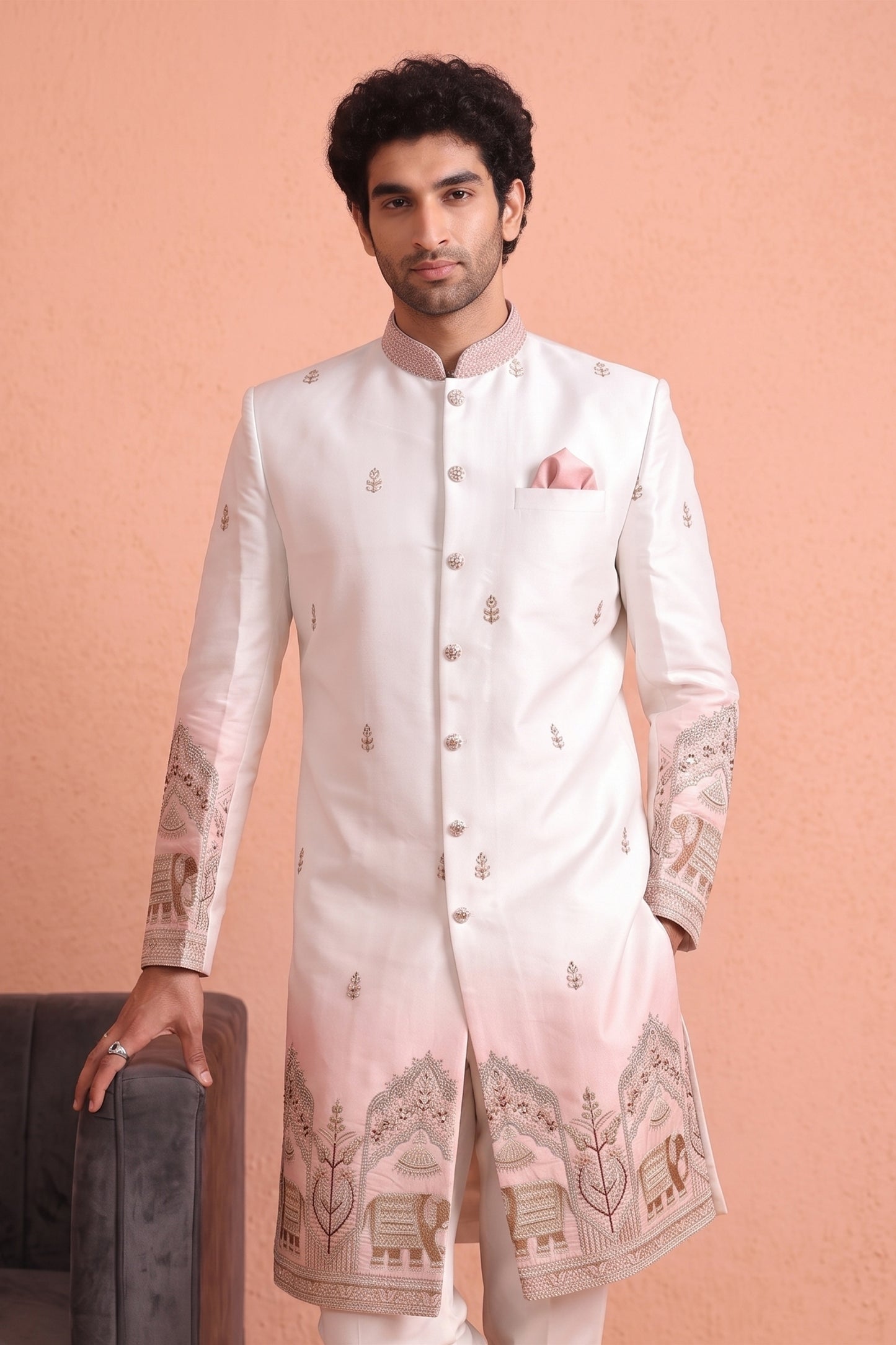Excellent White Embroidered Designer Indo Western Suit for Men with Elephant Motif Work