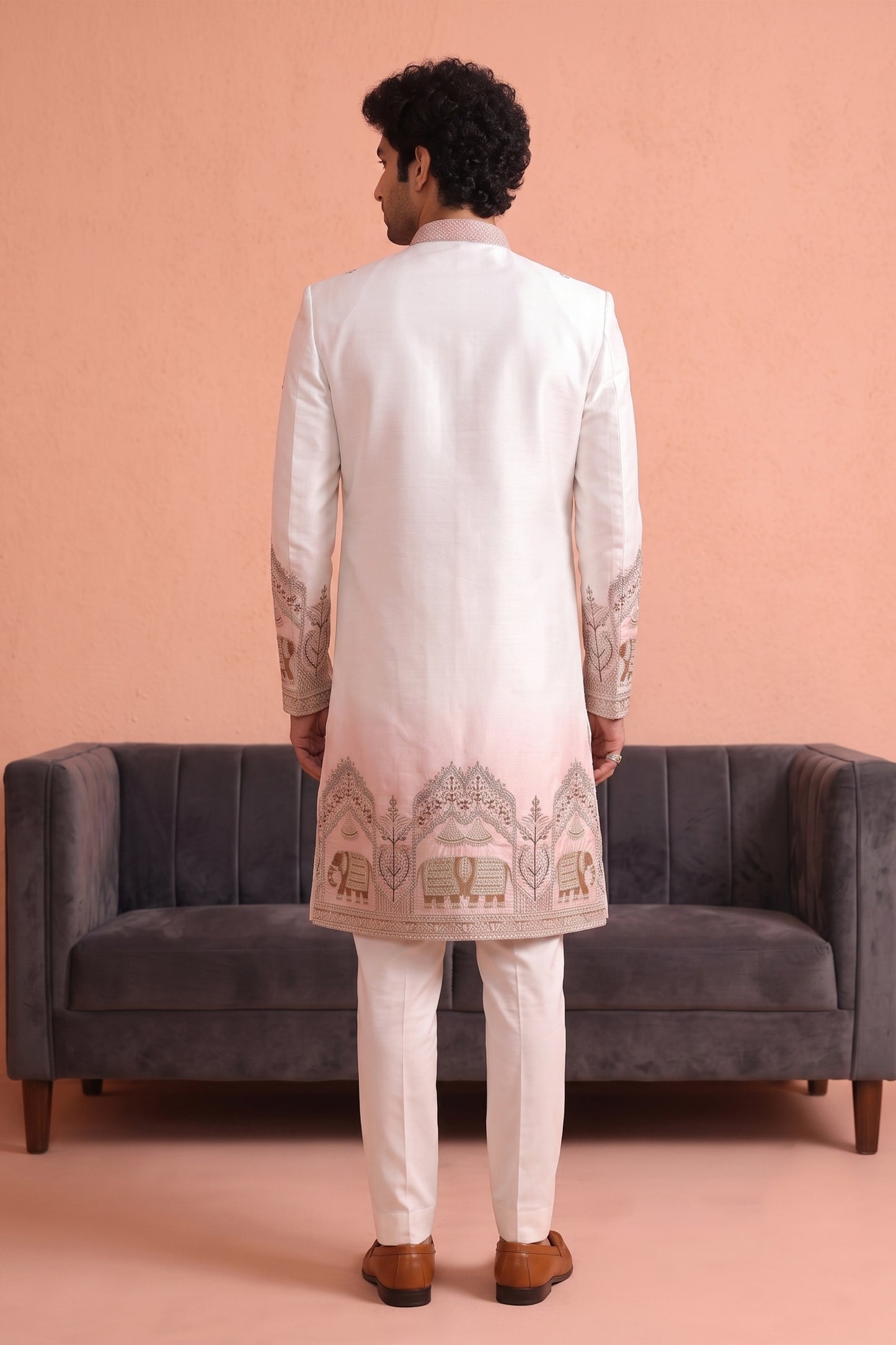 Excellent White Embroidered Designer Indo Western Suit for Men with Elephant Motif Work