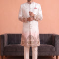 Excellent White Embroidered Designer Indo Western Suit for Men with Elephant Motif Work