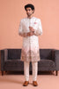 Excellent White Embroidered Designer Indo Western Suit for Men with Elephant Motif Work