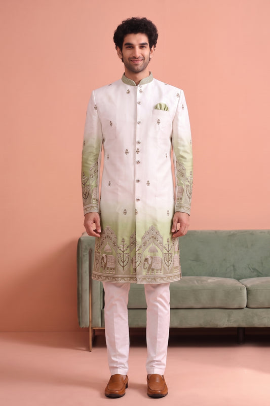 Stunning White and Green Embroidered Designer Indo Western Suit for Men with Elephant Motif Work