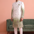 Stunning White and Green Embroidered Designer Indo Western Suit for Men with Elephant Motif Work