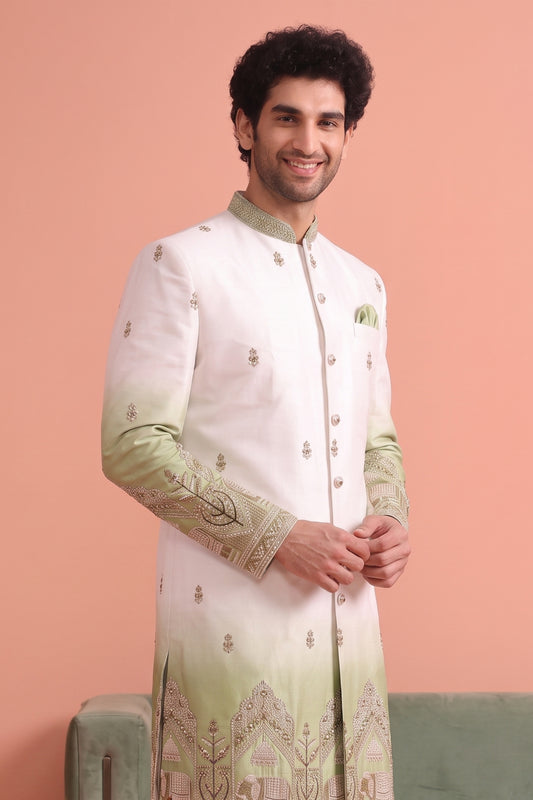 Stunning White and Green Embroidered Designer Indo Western Suit for Men with Elephant Motif Work