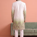 Stunning White and Green Embroidered Designer Indo Western Suit for Men with Elephant Motif Work