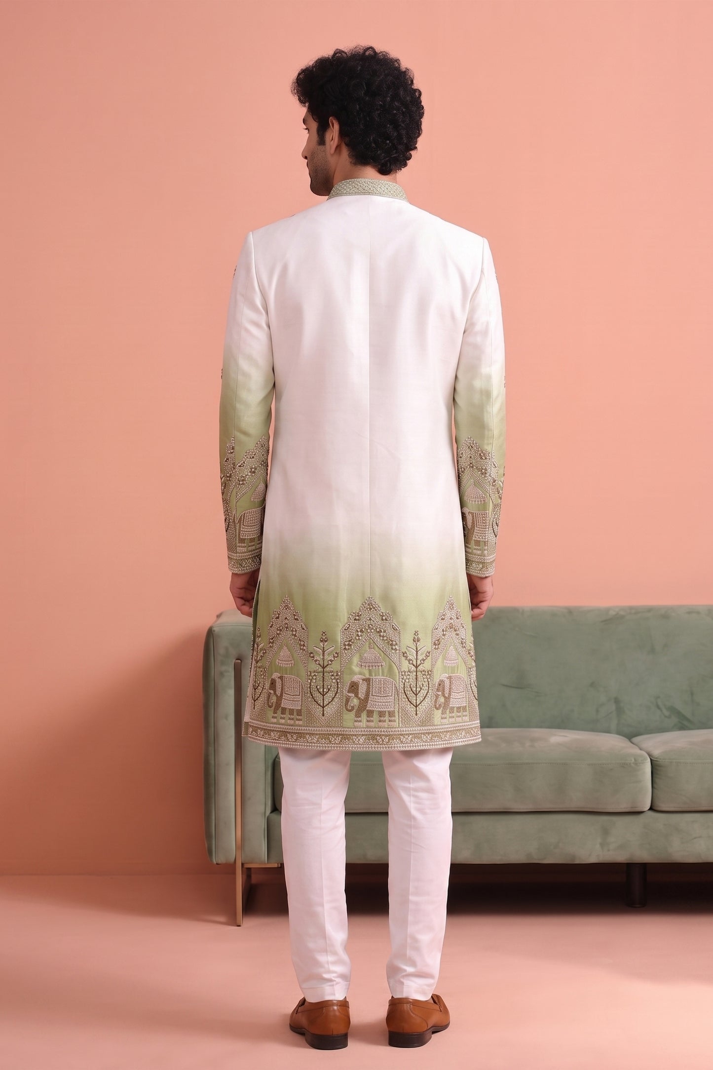 Stunning White and Green Embroidered Designer Indo Western Suit for Men with Elephant Motif Work