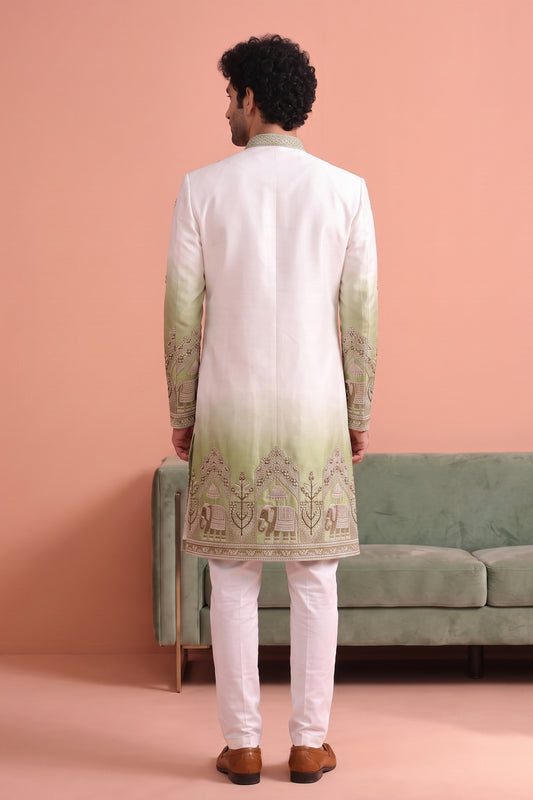Stunning White and Green Embroidered Designer Indo Western Suit for Men with Elephant Motif Work