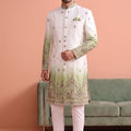 Stunning White and Green Embroidered Designer Indo Western Suit for Men with Elephant Motif Work