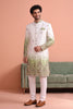 Stunning White and Green Embroidered Designer Indo Western Suit for Men with Elephant Motif Work