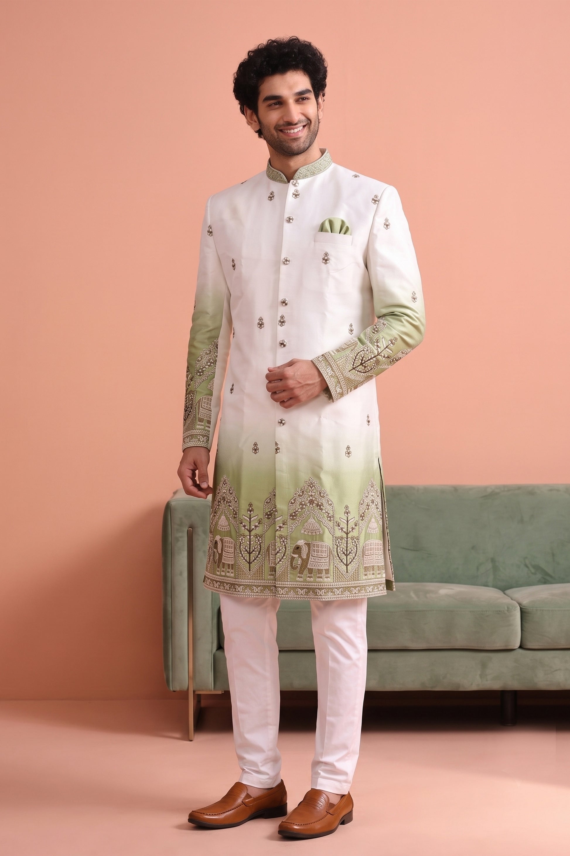 Stunning White and Green Embroidered Designer Indo Western Suit for Men with Elephant Motif Work