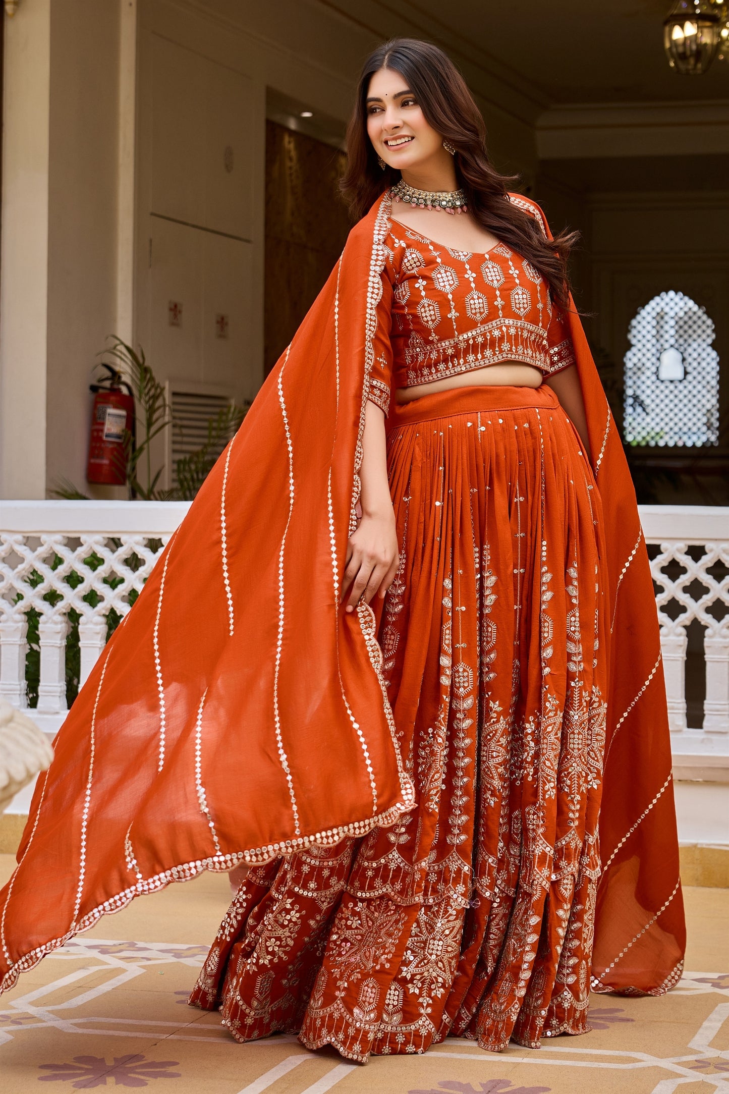 Elegant Orange Vichitra Silk Embroidered Designer Lehenga Choli Set with Dupatta for Wedding