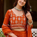 Elegant Orange Vichitra Silk Embroidered Designer Lehenga Choli Set with Dupatta for Wedding