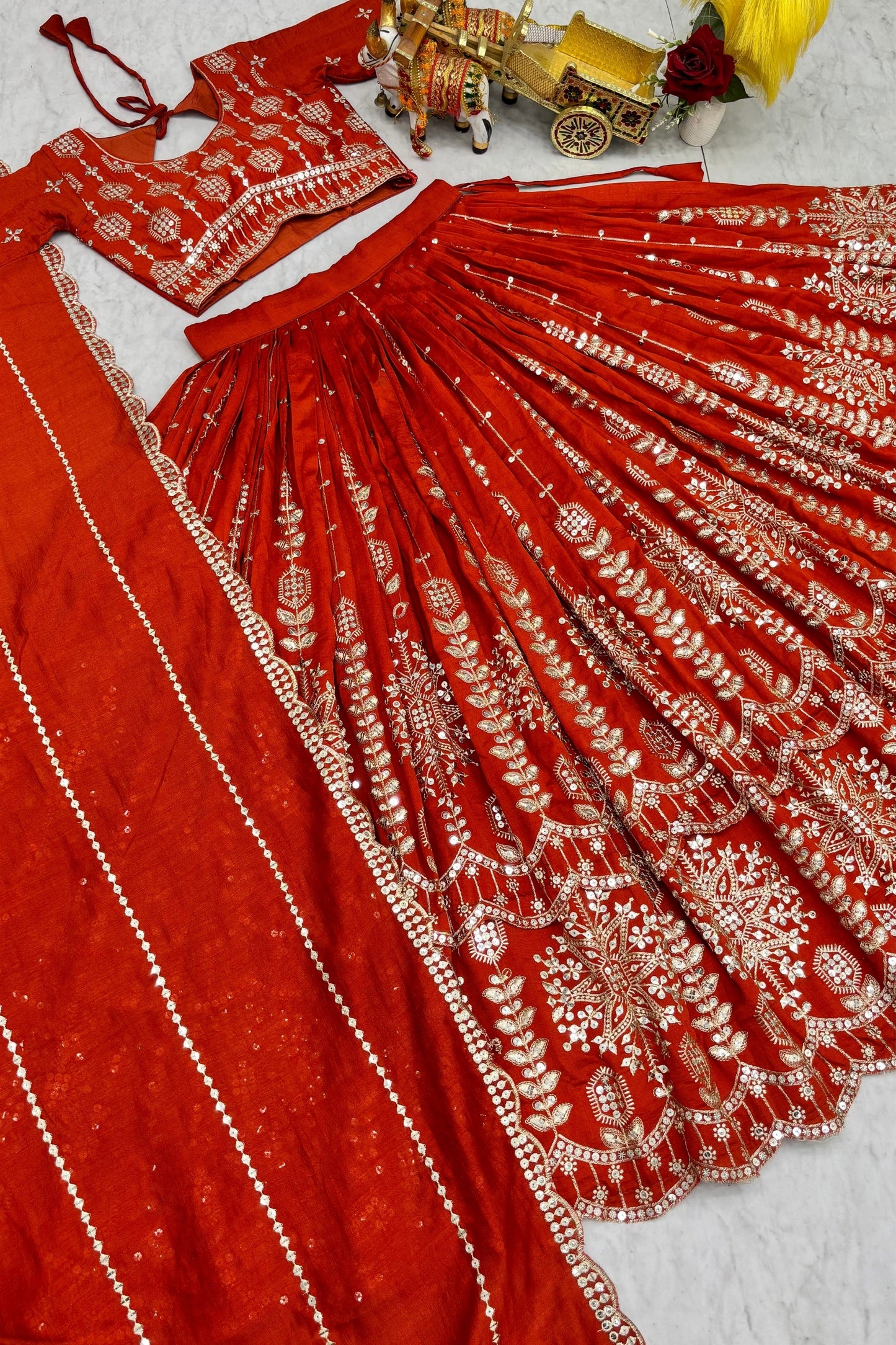 Elegant Orange Vichitra Silk Embroidered Designer Lehenga Choli Set with Dupatta for Wedding