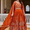 Elegant Orange Vichitra Silk Embroidered Designer Lehenga Choli Set with Dupatta for Wedding