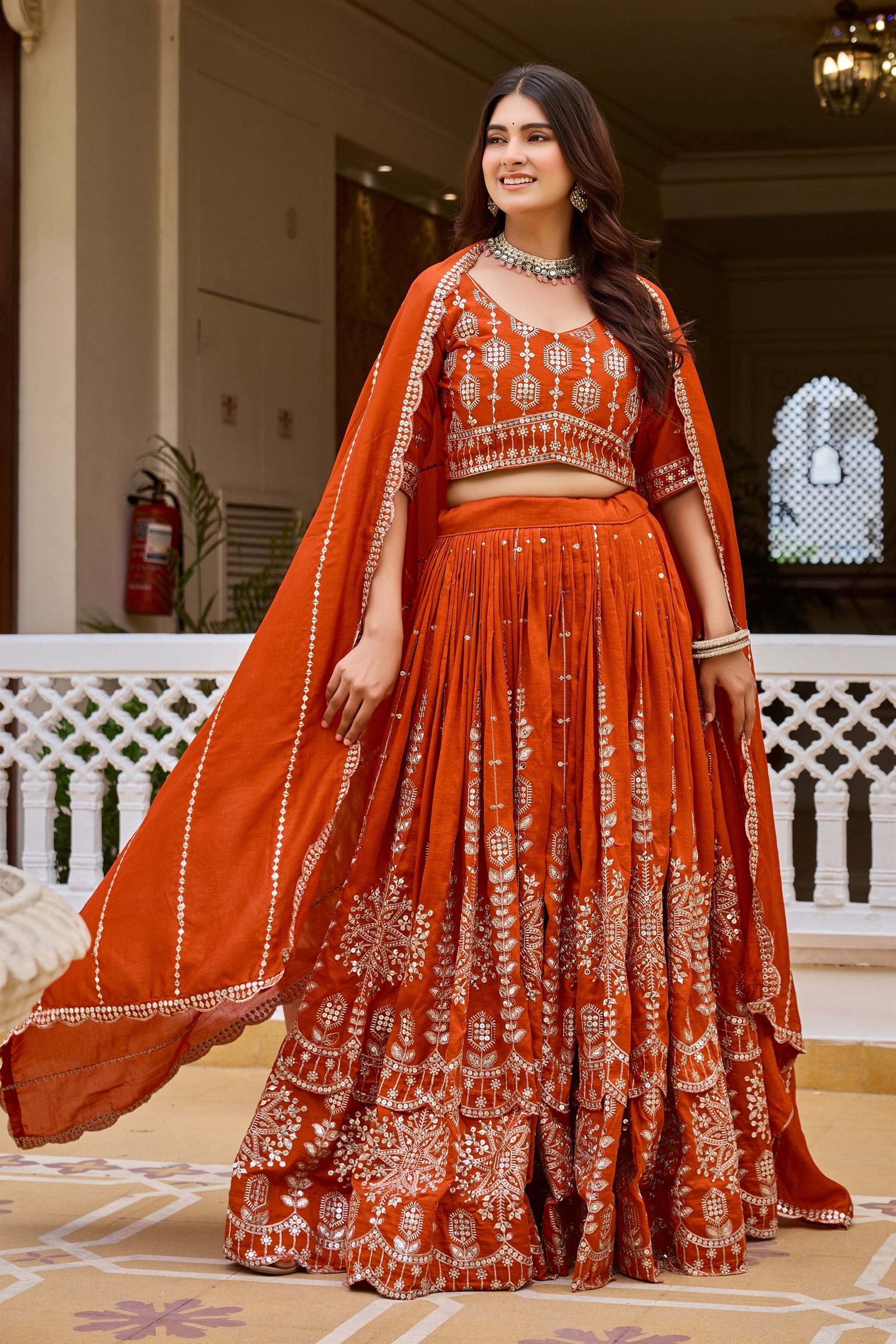 Elegant Orange Vichitra Silk Embroidered Designer Lehenga Choli Set with Dupatta for Wedding