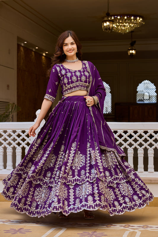 Stylish Purple Vichitra Silk Embroidered Designer Lehenga Choli Set with Dupatta for Wedding