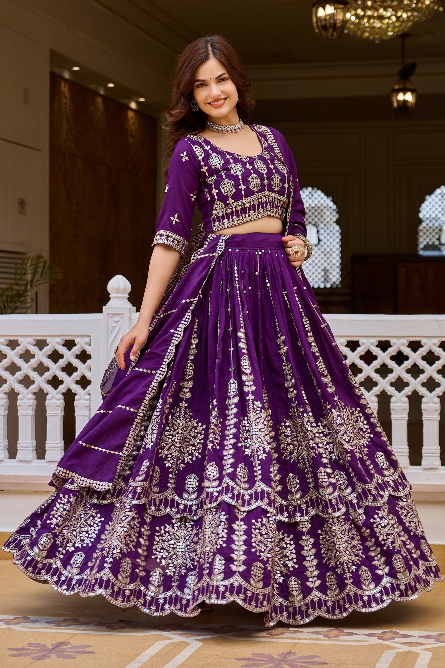 Stylish Purple Vichitra Silk Embroidered Designer Lehenga Choli Set with Dupatta for Wedding