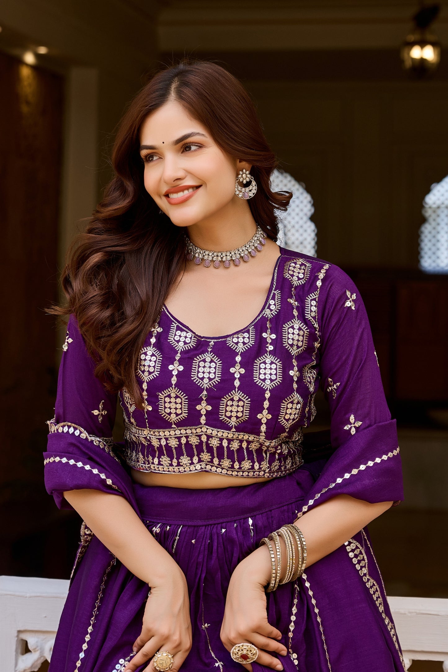 Stylish Purple Vichitra Silk Embroidered Designer Lehenga Choli Set with Dupatta for Wedding