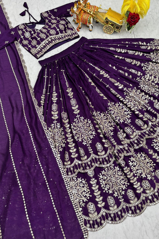 Stylish Purple Vichitra Silk Embroidered Designer Lehenga Choli Set with Dupatta for Wedding
