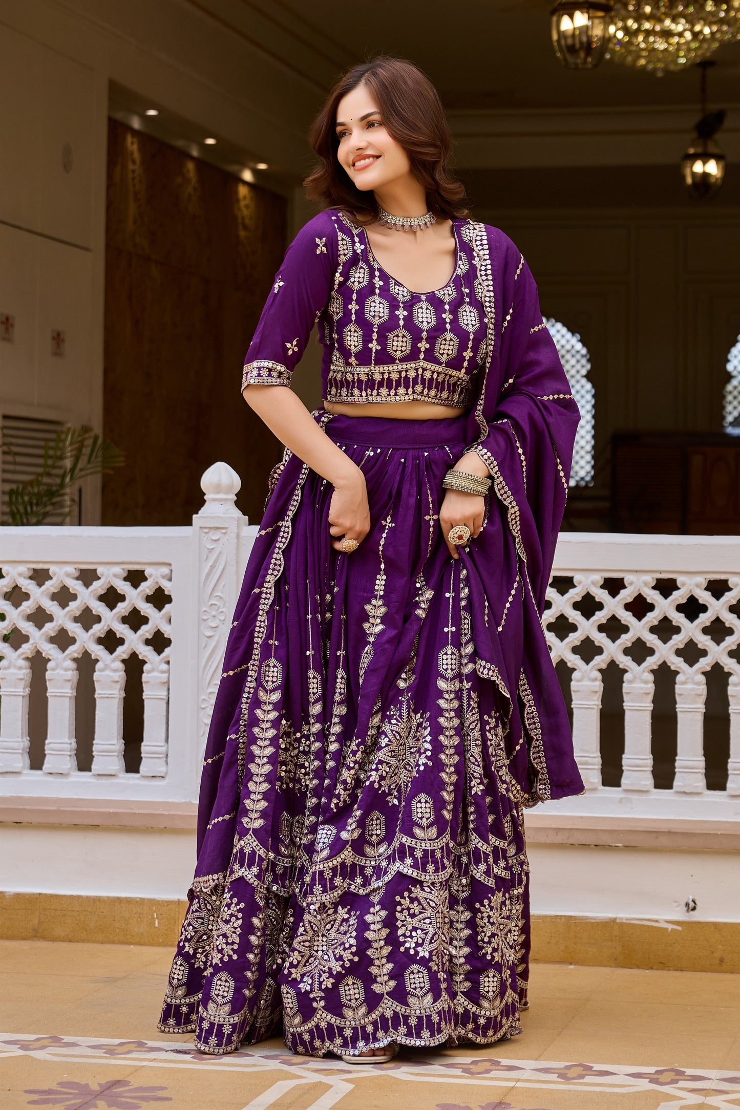 Stylish Purple Vichitra Silk Embroidered Designer Lehenga Choli Set with Dupatta for Wedding