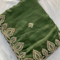 Graceful Olive Green Soft Satin Chiffon Saree Embroidery Border for Women