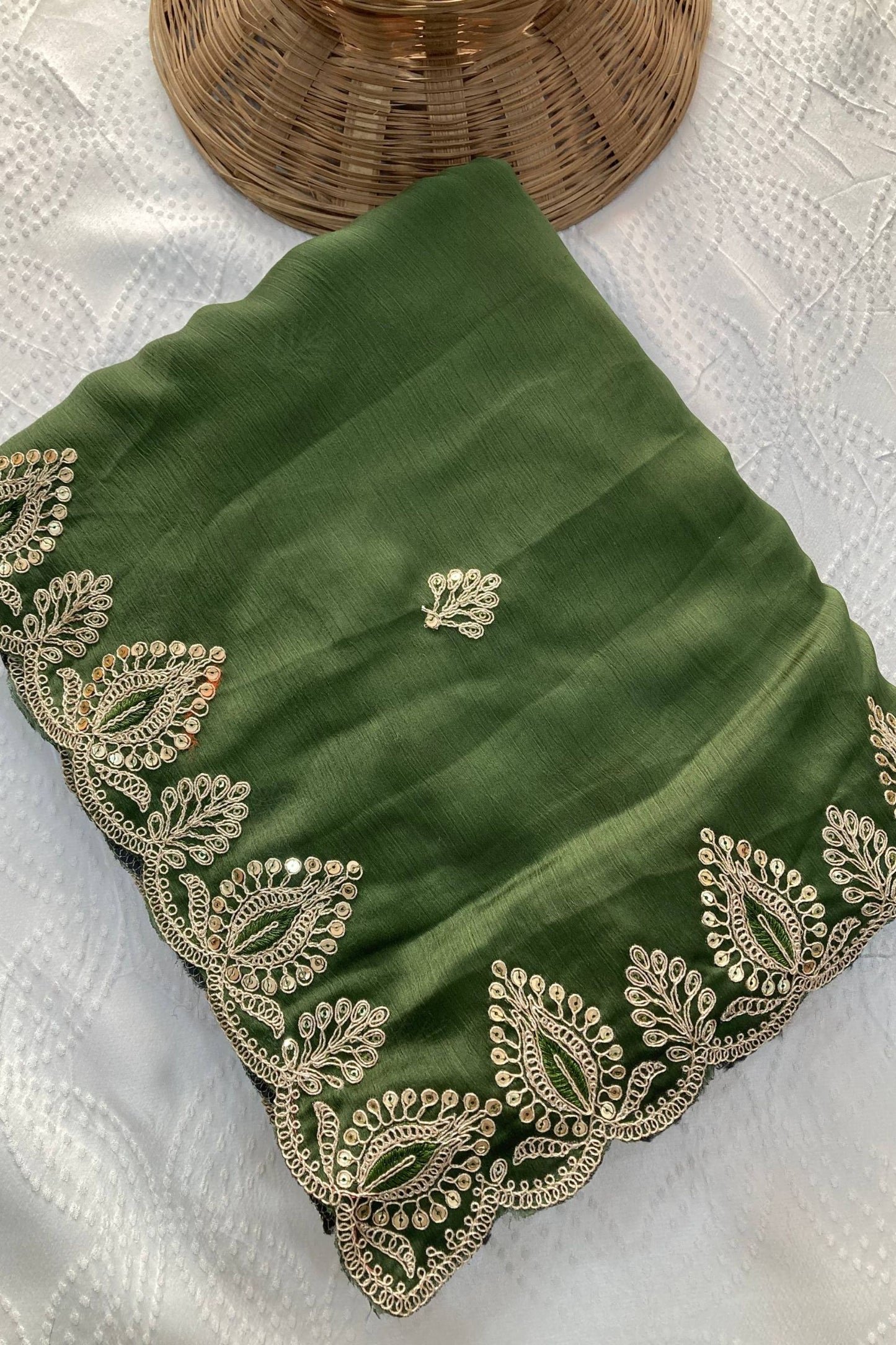 Graceful Olive Green Soft Satin Chiffon Saree Embroidery Border for Women