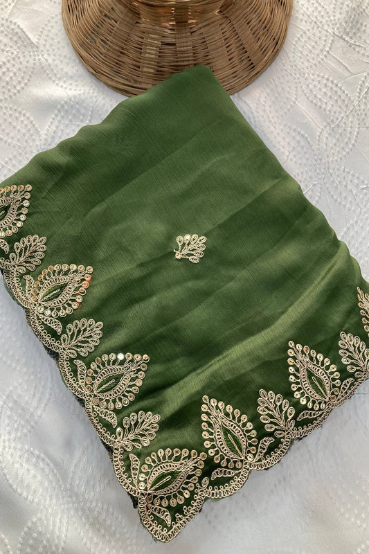 Graceful Olive Green Soft Satin Chiffon Saree Embroidery Border for Women