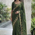 Graceful Olive Green Soft Satin Chiffon Saree Embroidery Border for Women