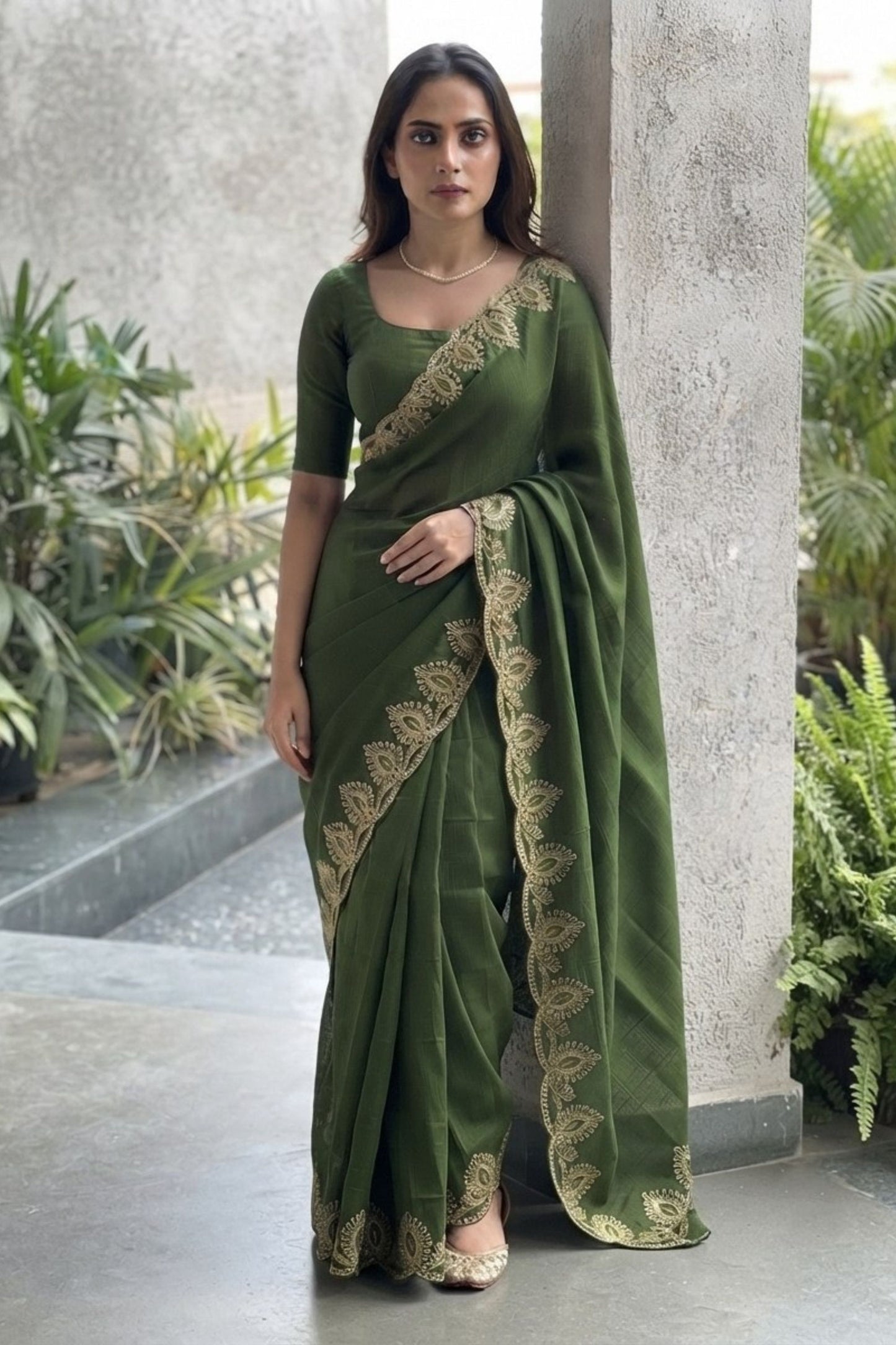 Graceful Olive Green Soft Satin Chiffon Saree Embroidery Border for Women