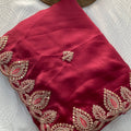 Beautiful Wine Soft Satin Chiffon Saree Embroidery Border for Women