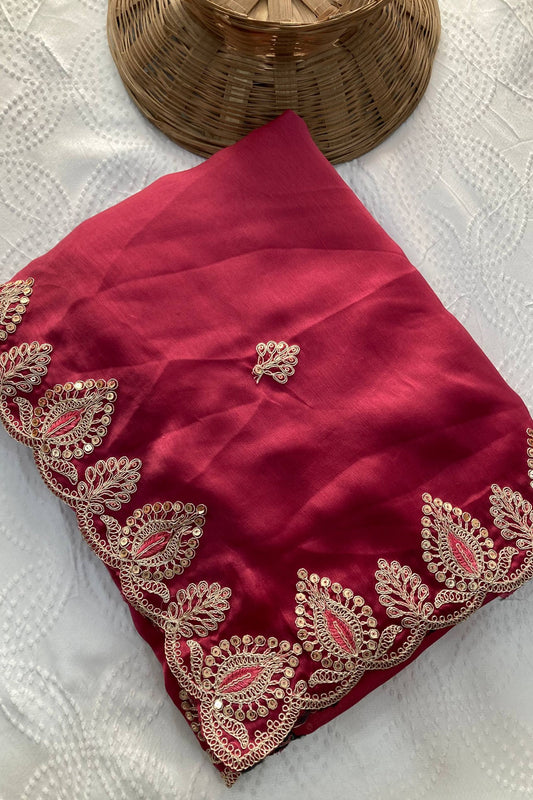 Beautiful Wine Soft Satin Chiffon Saree Embroidery Border for Women
