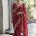 Beautiful Wine Soft Satin Chiffon Saree Embroidery Border for Women