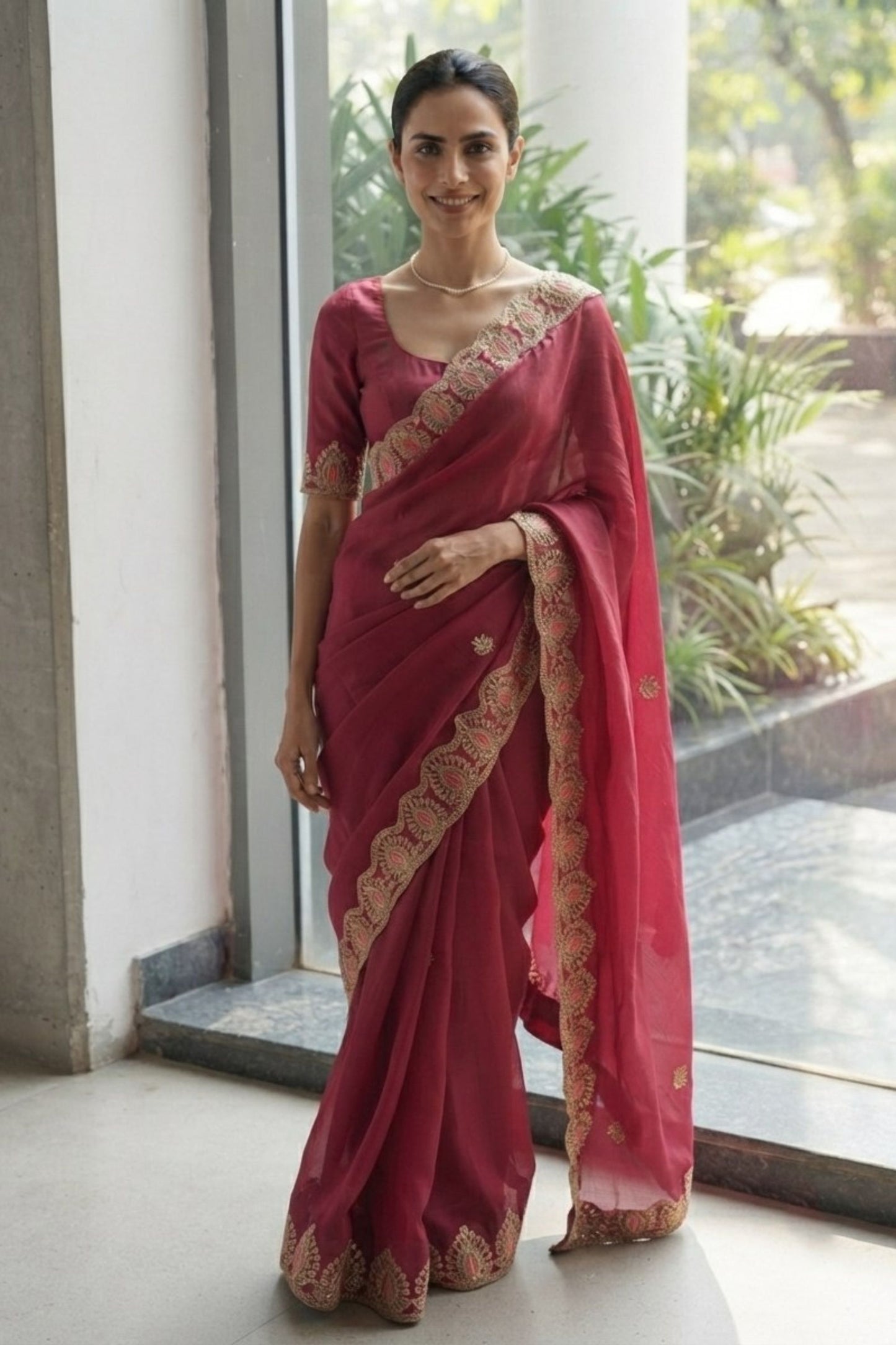 Beautiful Wine Soft Satin Chiffon Saree Embroidery Border for Women