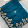 Royal Teal Blue Soft Satin Chiffon Saree Embroidery Border for Women