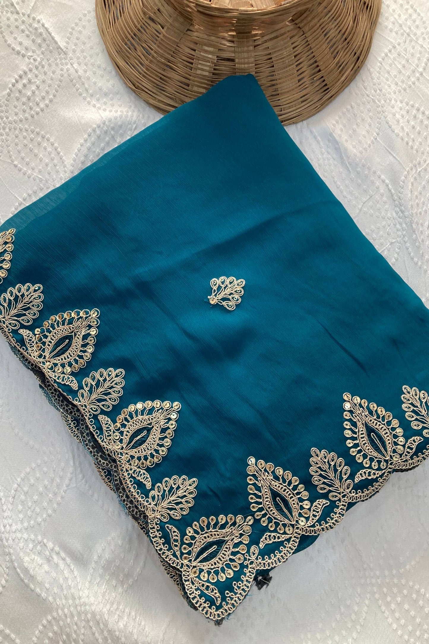 Royal Teal Blue Soft Satin Chiffon Saree Embroidery Border for Women