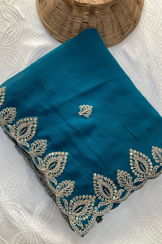 Royal Teal Blue Soft Satin Chiffon Saree Embroidery Border for Women