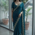 Royal Teal Blue Soft Satin Chiffon Saree Embroidery Border for Women