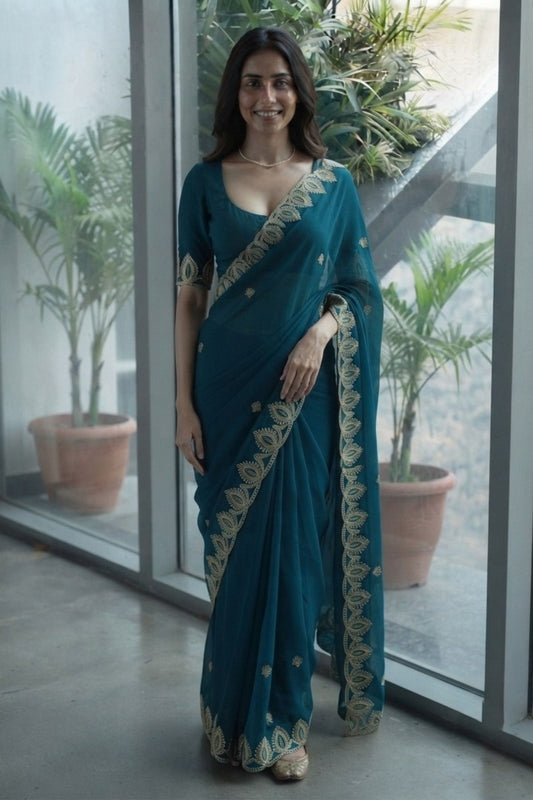 Royal Teal Blue Soft Satin Chiffon Saree Embroidery Border for Women