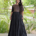 Elegant Black Cotton Mirror Work Designer Gown for Women with Flared Tiered Skirt