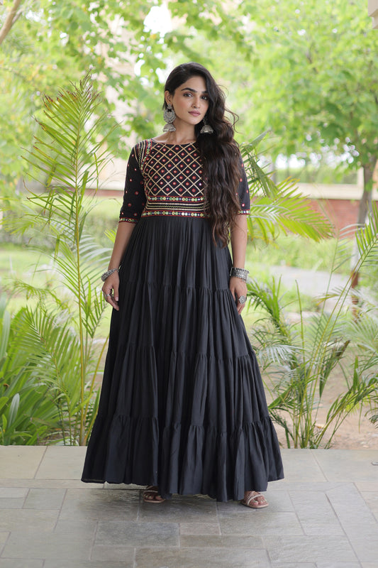 Elegant Black Cotton Mirror Work Designer Gown for Women with Flared Tiered Skirt