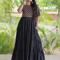 Elegant Black Cotton Mirror Work Designer Gown for Women with Flared Tiered Skirt