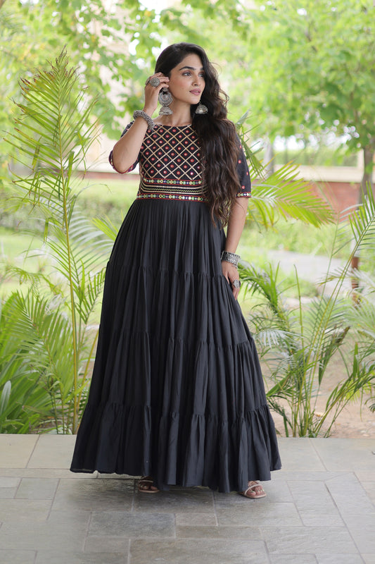 Elegant Black Cotton Mirror Work Designer Gown for Women with Flared Tiered Skirt