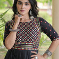 Elegant Black Cotton Mirror Work Designer Gown for Women with Flared Tiered Skirt