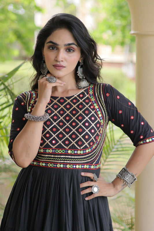 Elegant Black Cotton Mirror Work Designer Gown for Women with Flared Tiered Skirt
