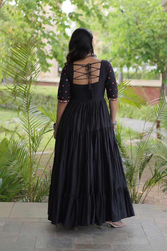 Elegant Black Cotton Mirror Work Designer Gown for Women with Flared Tiered Skirt
