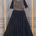 Elegant Black Cotton Mirror Work Designer Gown for Women with Flared Tiered Skirt