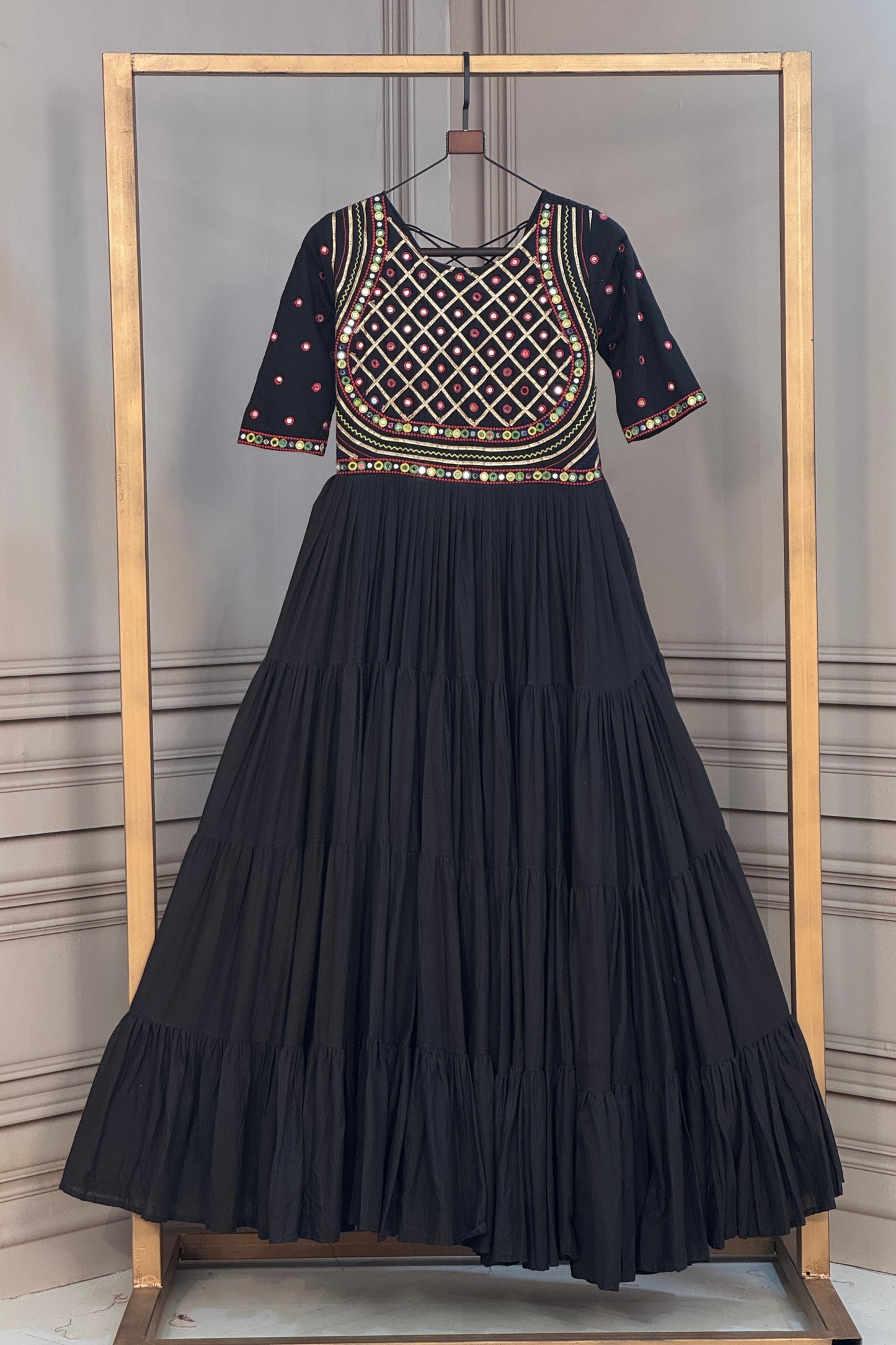 Elegant Black Cotton Mirror Work Designer Gown for Women with Flared Tiered Skirt